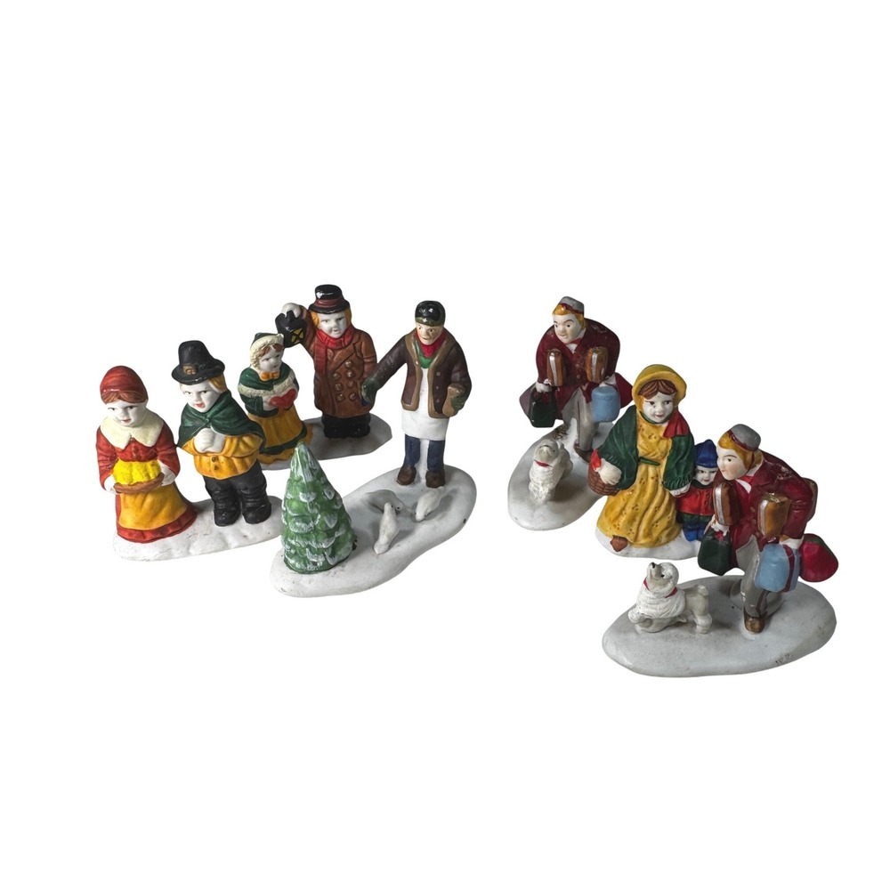 Vintage Christmas Village Figures Set 10pc Snow Scene‎ Winter Carolers Dogs Tree